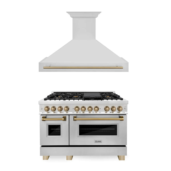 ZLINE Appliances - 2 Piece Kitchen Package - 48" Autograph Edition Stainless Steel Dual Fuel Range and Range Hood with Champagne Bronze Accents (2AKP-RARH48-CB)