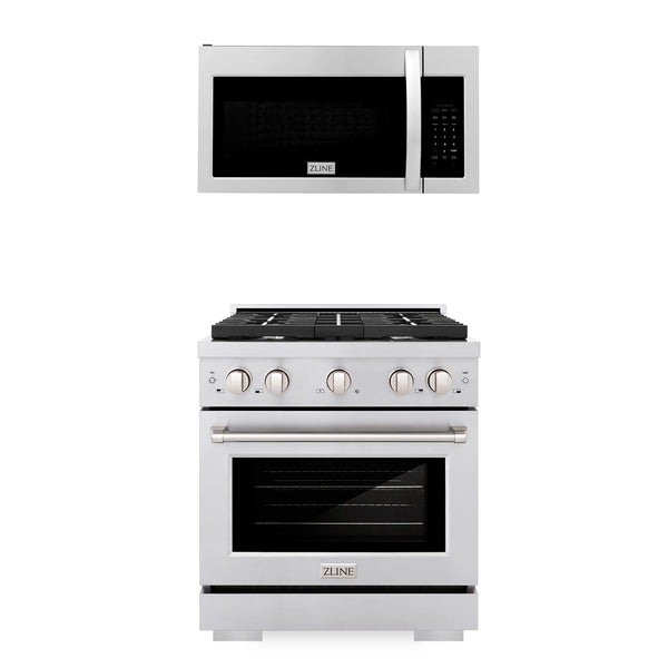 ZLINE Appliances 30" Kitchen Package Stainless Steel Gas Range and Over The Range Microwave with Modern Handle (2KP-SGROTR30)