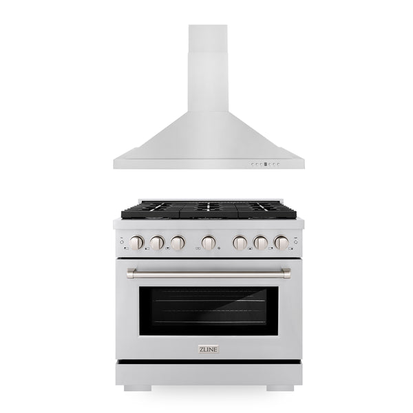ZLINE Appliances 36" Kitchen Package with Stainless Steel Gas Range and Convertible Vent Range Hood (2KP-SGRRH36)