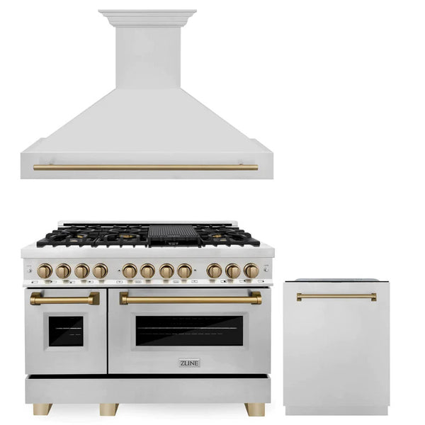 ZLINE Appliances 48" Autograph Edition Kitchen Package with Stainless Steel Dual Fuel Range, Range Hood and Dishwasher with Champagne Bronze Accents (3AKP-RARHDWM48-CB)