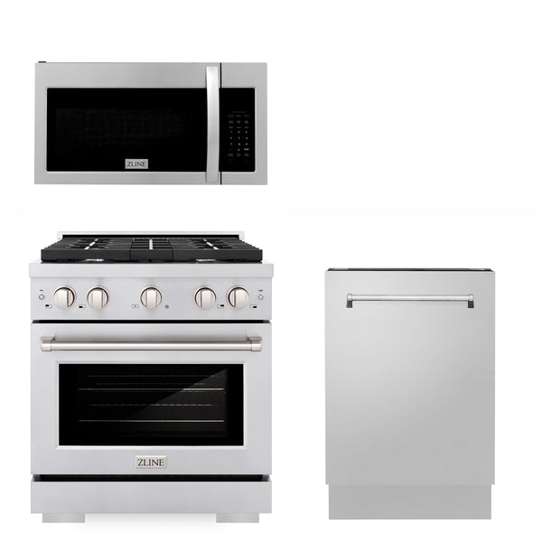 ZLINE Appliances 30" Kitchen Package with Stainless Steel Gas Range, Modern Over The Range Microwave and Tall Tub Dishwasher (3KP-SGROTR30-DWV)