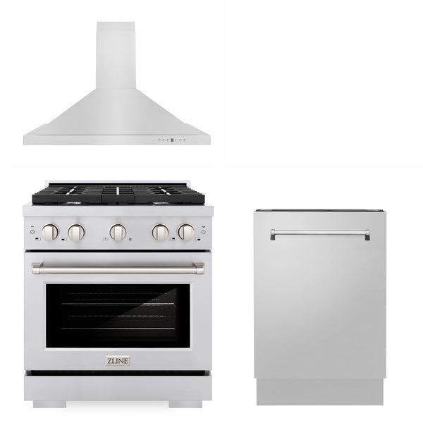 ZLINE Appliances 30" Kitchen Package with Stainless Steel Gas Range, Convertible Vent Range Hood and Tall Tub Dishwasher (3KP-SGRRH30-DWV)