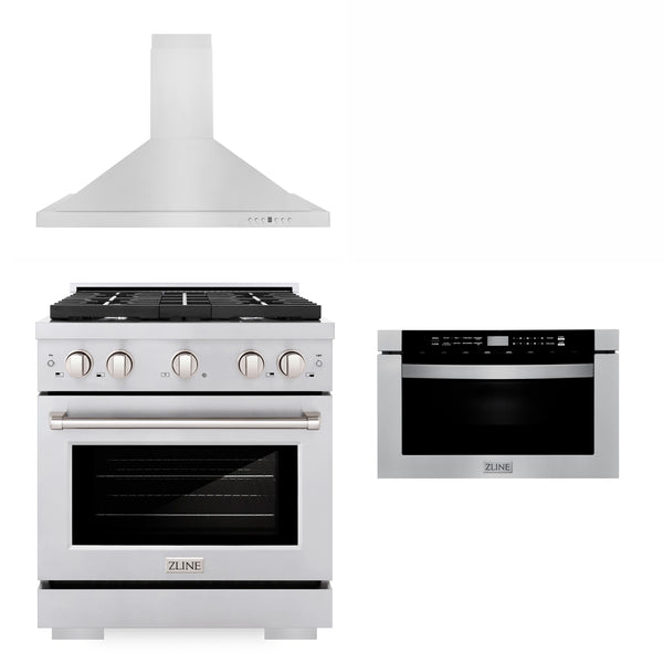 ZLINE Appliances 30" Kitchen Package with Stainless Steel Gas Range, Convertible Vent Range Hood and Microwave Drawer (3KP-SGRRH30-MW)