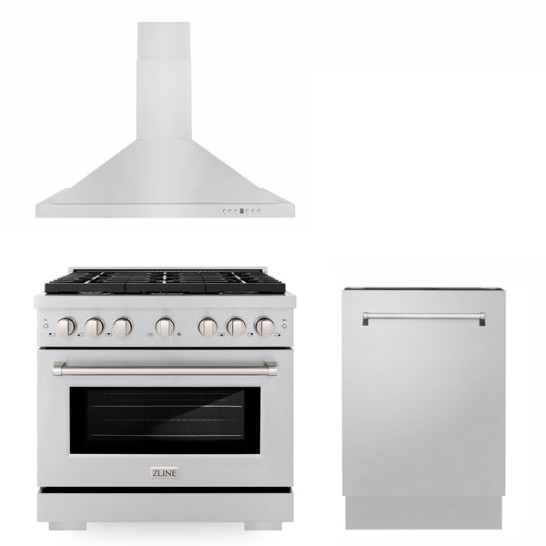 ZLINE Appliances 36" Kitchen Package with Stainless Steel Gas Range, Convertible Vent Range Hood and Tall Tub Dishwasher (3KP-SGRRH36-DWV)