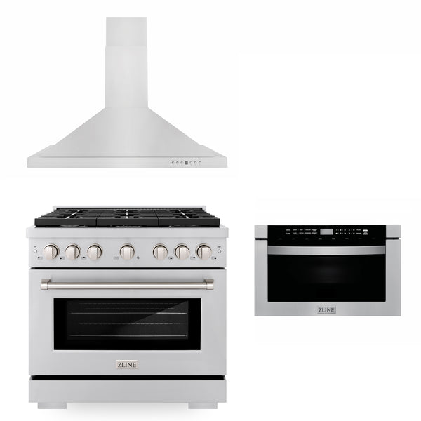 ZLINE Appliances 36" Kitchen Package with Stainless Steel Gas Range, Convertible Vent Range Hood and Microwave Drawer (3KP-SGRRH36-MW)