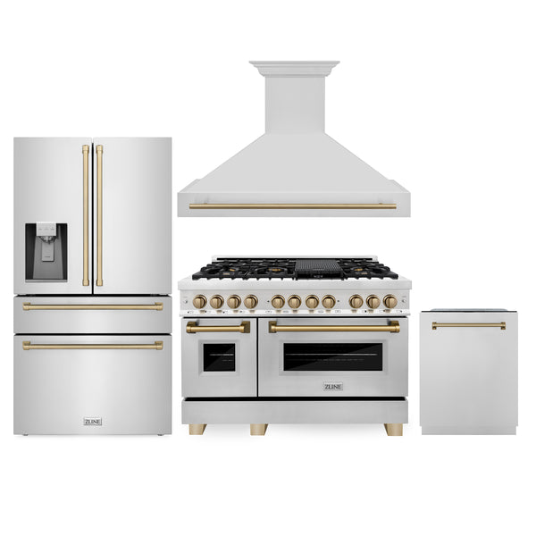 ZLINE 48" Appliance Package - Autograph Edition - Stainless Steel Dual Fuel Range, Range Hood, Dishwasher and Refrigeration Including External Water Dispenser with Champagne Bronze Accents (4AKPR-RARHDWM48-CB)