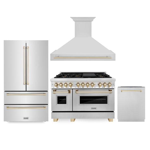 48" ZLINE Appliances Package - Autograph Edition Stainless Steel Dual Fuel Range, Range Hood, Dishwasher and Refrigeration with Gold Accents (4KAPR-RARHDWM48-G)