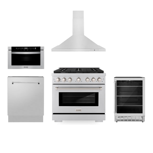 ZLINE Appliances 36" Kitchen Package with Stainless Steel Gas Range, Range Hood, Microwave Drawer, Tall Tub Dishwasher and Beverage Fridge (5KP-SGRRH36-MWDWV-RBV)