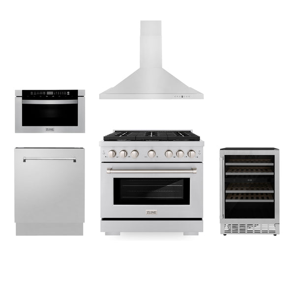 ZLINE Appliances 36" Kitchen Package with Stainless Steel Gas Range, Range Hood, Microwave Drawer, Tall Tub Dishwasher and Wine Cooler (5KP-SGRRH36-MWDWV-RWV)