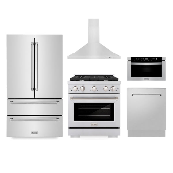 ZLINE Appliances Kitchen Package with Refrigeration, 30" Stainless Steel Gas Range, 30" Range Hood, Microwave Drawer, and 24" Tall Tub Dishwasher (5KPR-SGRRH30-MWDWV)