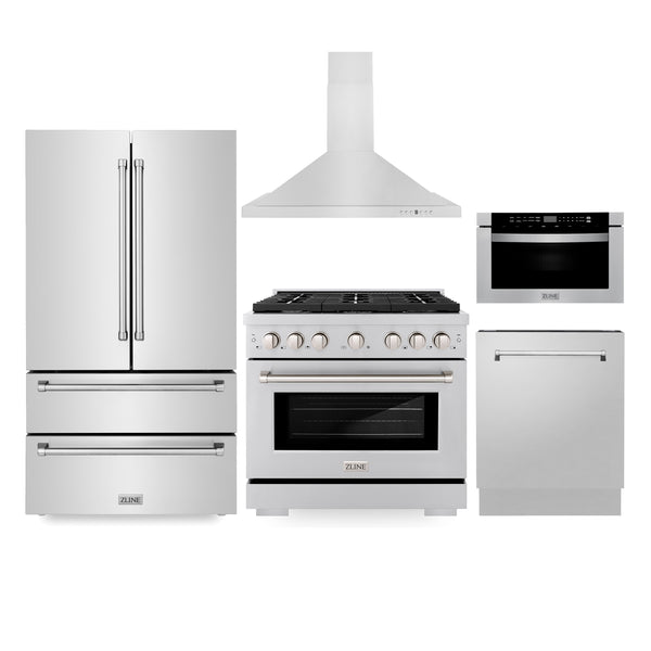 ZLINE Appliances Kitchen Package with Refrigeration, 36" Stainless Steel Gas Range, 36" Range Hood, Microwave Drawer, and 24" Tall Tub Dishwasher (5KPR-SGRRH36-MWDWV)