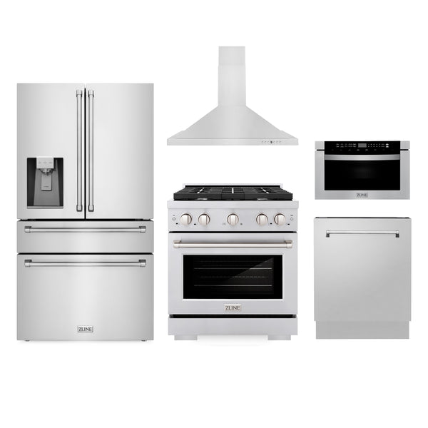 ZLINE Appliances Kitchen Package with Water and Ice Dispenser Refrigerator, 30" Gas Range, 30" Range Hood, Microwave Drawer, and 24" Tall Tub Dishwasher (5KPRW-SGRRH30-MWDWV)