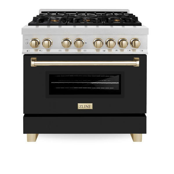 ZLINE Autograph Edition 36 in. 4.6 cu. ft. Dual Fuel Range with Gas Stove and Electric Oven in Fingerprint Resistant DuraSnow® Stainless Steel with Black Matte Door and Polished Gold Accents (RASZ-BLM-36-G)