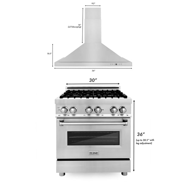 ZLINE 2 Piece Kitchen Appliance Package - 30" Stainless Steel Dual Fuel Range and Convertible Vent Range Hood(2KP-RARH30)