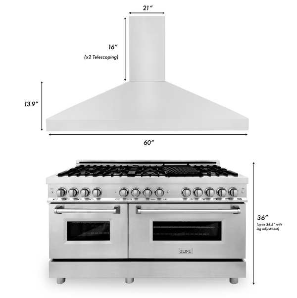 ZLINE 2 Piece Kitchen Appliance Package - 60" Stainless Steel Dual Fuel Range and Convertible Vent Range Hood (2KP-RARH60)