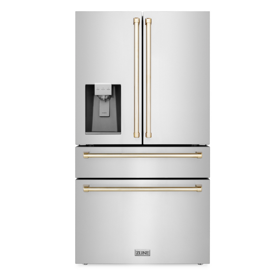 ZLINE 36" Appliance Package - Autograph Edition - Stainless Steel Dual Fuel Range, Range Hood, Dishwasher and Refrigeration with Water & Ice Dispenser, Gold Accents (4AKPR-RARHDWM36-G)