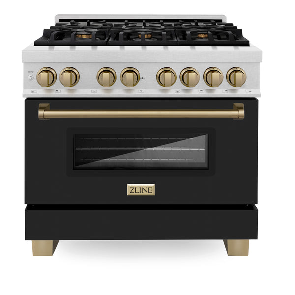 ZLINE Autograph Edition 36 in. 4.6 cu. ft. Dual Fuel Range with Gas Stove and Electric Oven in Fingerprint Resistant DuraSnow® Stainless Steel with Black Matte Door and Champagne Bronze Accents (RASZ-BLM-36-CB)