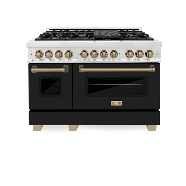 ZLINE Autograph Edition 48 in. 6.0 cu. ft. Dual Fuel Range with Gas Stove and Electric Oven in Fingerprint Resistant Stainless Steel with Black Matte Door and Champagne Bronze Accents (RASZ-BLM-48-CB)