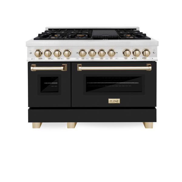 ZLINE Autograph Edition 48 in. 6.0 cu. ft. Dual Fuel Range with Gas Stove and Electric Oven in Fingerprint Resistant Stainless Steel with Black Matte Door and Polished Gold Accents (RASZ-BLM-48-G)