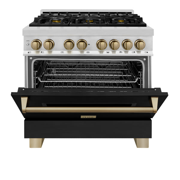 ZLINE Autograph Edition 36" 4.6 cu. ft. Dual Fuel Range with Gas Stove and Electric Oven in Stainless Steel with Black Matte Door and Champagne Bronze Accents (RAZ-BLM-36-CB)
