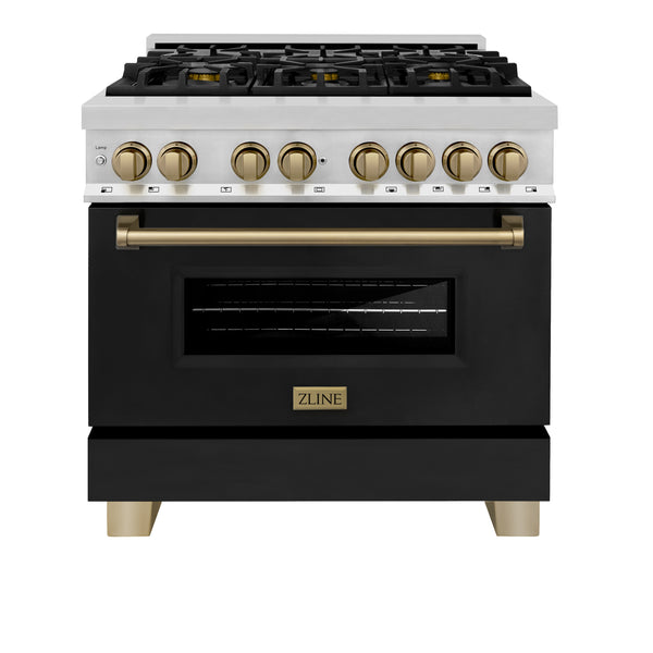 ZLINE Autograph Edition 36" 4.6 cu. ft. Dual Fuel Range with Gas Stove and Electric Oven in Stainless Steel with Black Matte Door and Champagne Bronze Accents (RAZ-BLM-36-CB)