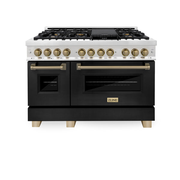 ZLINE Autograph Edition 48" 6.0 cu. ft. Dual Fuel Range with Gas Stove and Electric Oven in Stainless Steel with Black Matte Door and Champagne Bronze Accents (RAZ-BLM-48-CB)
