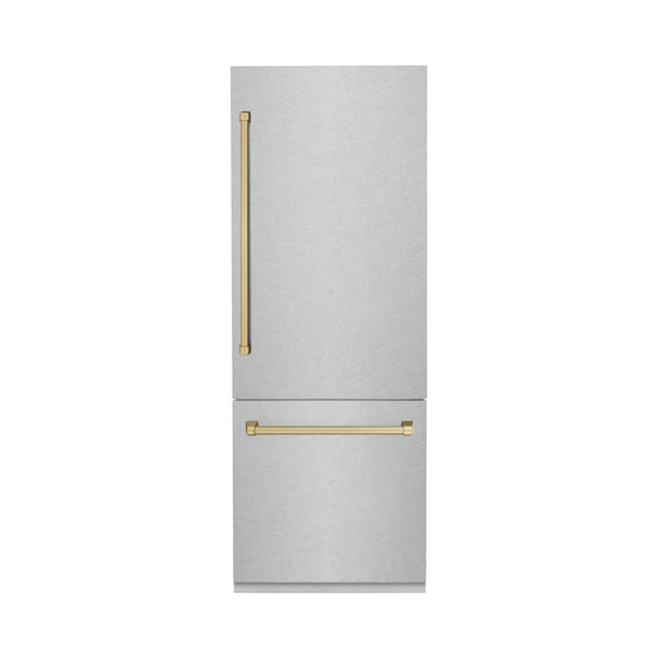 ZLINE 30" Autograph Edition 16.1 cu. ft. Built-in 2-Door Bottom Freezer Refrigerator with Internal Water and Ice Dispenser in Fingerprint Resistant Stainless Steel with Champagne Bronze Accents (RBIVZ-SN-30-CB)