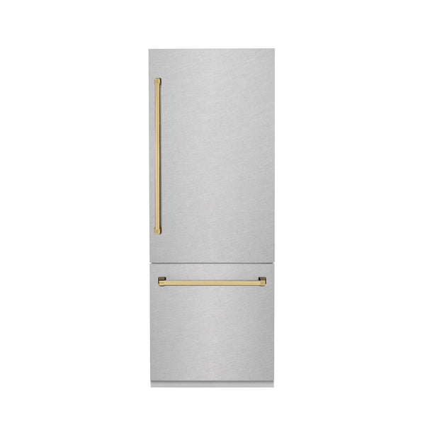 ZLINE 30" Autograph Edition 16.1 cu. ft. Built-in 2-Door Bottom Freezer Refrigerator with Internal Water and Ice Dispenser in Fingerprint Resistant Stainless Steel with Gold Accents (RBIVZ-SN-30-G)