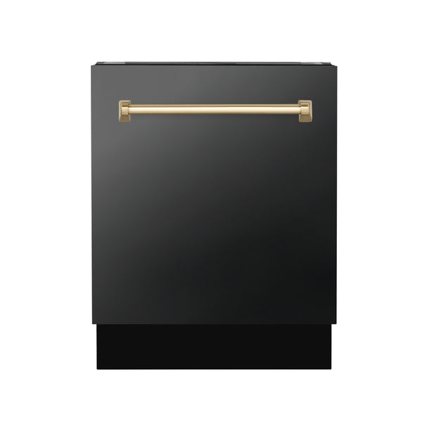 30" ZLINE Appliances Package - Autograph Edition Black Stainless Steel Dual Fuel Range, Range Hood, Dishwasher, Refrigerator with Water & Ice Dispenser, Gold Accents(4KAPR-RABRHDWV30-G)