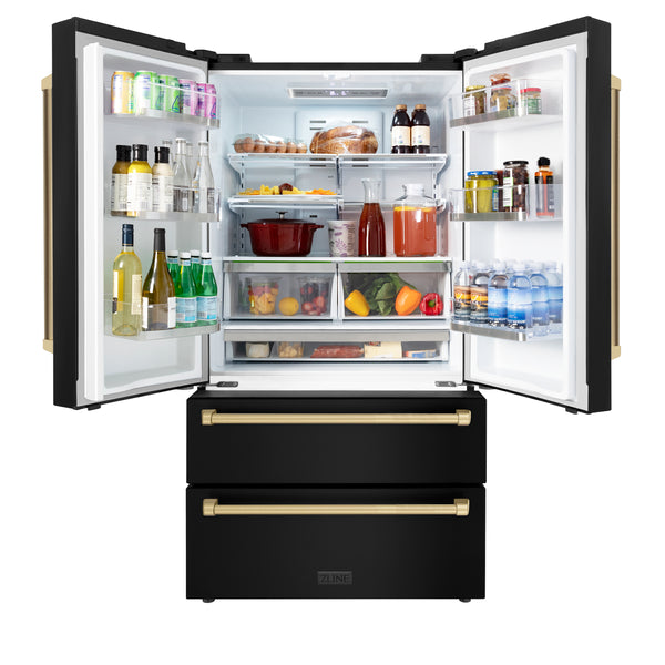 ZLINE 36" Appliance Package - Autograph Edition - Black Stainless Steel Dual Fuel Range, Range Hood, Dishwasher and Refrigeration with Champagne Bronze Accents (4AKPR-RABRHDWV36-CB)