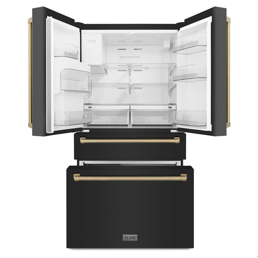 48" ZLINE Appliances Package - Autograph Edition Black Stainless Steel Dual Fuel Range, Range Hood, Dishwasher and Refrigeration with Water and Ice Dispenser, Champagne Bronze Accents (4KAPR-RABRHDWV48-CB)
