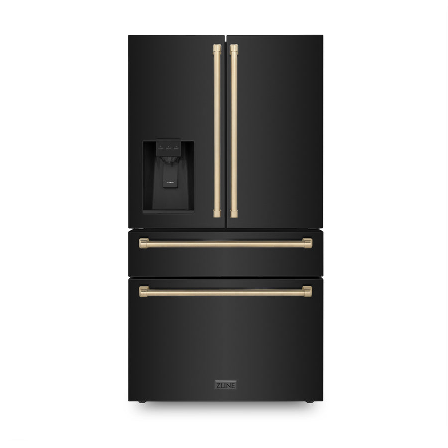 36" ZLINE Appliances Package - Autograph Edition Black Stainless Steel Dual Fuel Range, Range Hood, Dishwasher and Refrigeration with Water and Ice Dispenser, Champagne Bronze Accents (4KAPR-RABRHDWV36-CB)