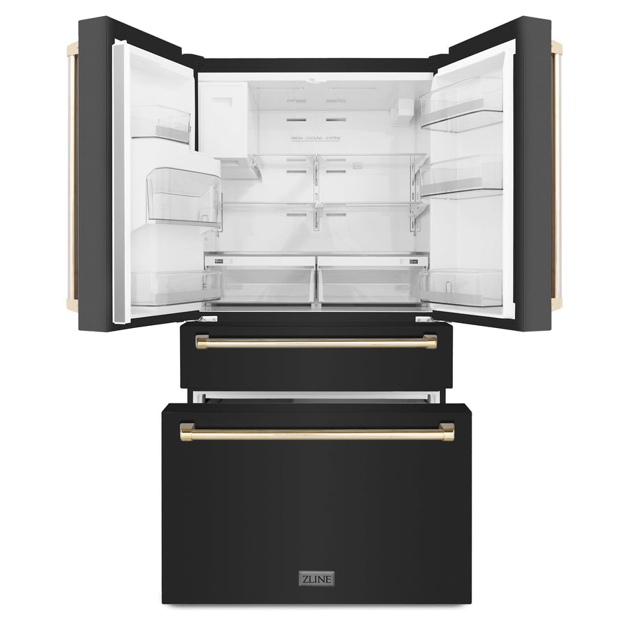 36" ZLINE Appliances Package - Autograph Edition Black Stainless Steel Dual Fuel Range, Range Hood, Dishwasher and Refrigeration Water & Ice Dispenser, Gold Accents (4KAPR-RABRHDWV36-G)