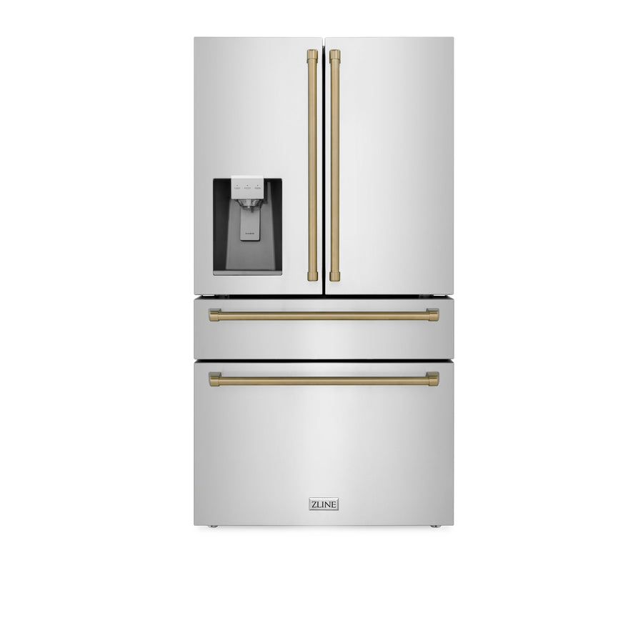 ZLINE 48" Appliance Package - Autograph Edition - Stainless Steel Dual Fuel Range, Range Hood, Dishwasher and Refrigeration Including External Water Dispenser with Champagne Bronze Accents (4AKPR-RARHDWM48-CB)