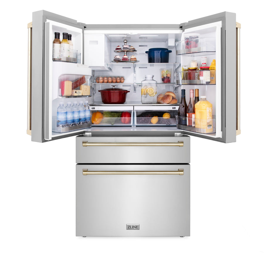 ZLINE 30" Appliance Package - Autograph Edition - Stainless Steel Dual Fuel Range, Range Hood, Dishwasher and Refrigeration Including External Water Dispenser with Gold Accents (4AKPR-RARHDWM30-G)