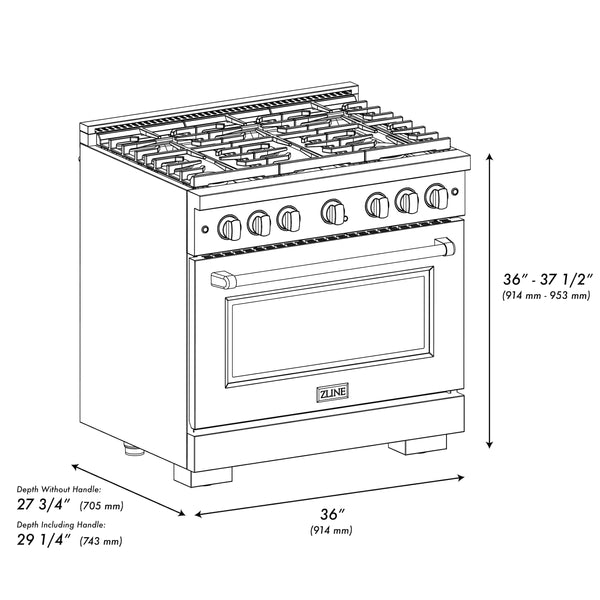 ZLINE 36 in. 5.2 cu. ft. 6 Burner Gas Range with Convection Gas Oven in Black Stainless Steel (SGRB-36)