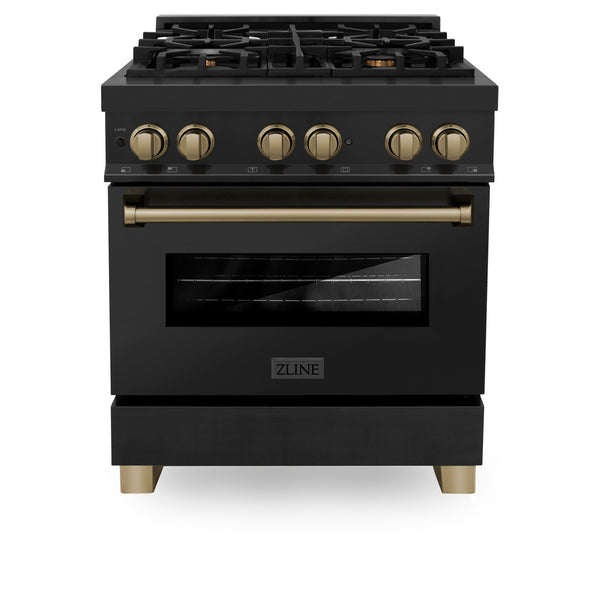 ZLINE 30" Appliance Package - Autograph Edition - Black Stainless Steel Dual Fuel Range, Range Hood, Dishwasher and Refrigeration with Champagne Bronze Accents (4AKPR-RABRHDWV30-CB)