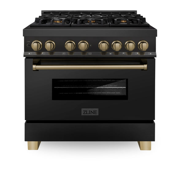 36" ZLINE Appliances Package - Autograph Edition Black Stainless Steel Dual Fuel Range, Range Hood, Dishwasher and Refrigeration with Water and Ice Dispenser, Champagne Bronze Accents (4KAPR-RABRHDWV36-CB)