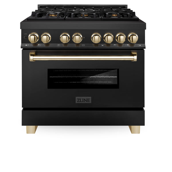 ZLINE 36" Appliance Package - Autograph Edition - Black Stainless Steel Dual Fuel Range, Range Hood, Dishwasher and Refrigeration with Gold Accents (4AKPR-RABRHDWV36-G)