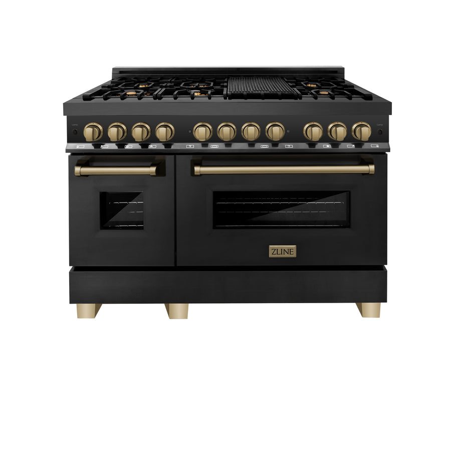 48" ZLINE Appliances Package - Autograph Edition Black Stainless Steel Dual Fuel Range, Range Hood, Dishwasher and Refrigeration with Water and Ice Dispenser, Champagne Bronze Accents (4KAPR-RABRHDWV48-CB)