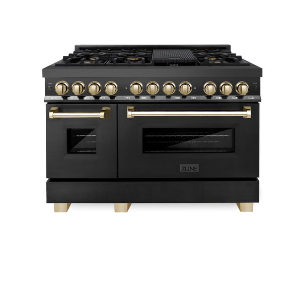 ZLINE 48" Appliance Package - Autograph Edition - Black Stainless Steel Dual Fuel Range, Range Hood, Dishwasher and Refrigeration with Gold Accents (4AKPR-RABRHDWV48-G)