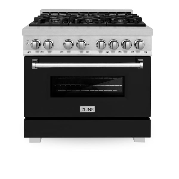 ZLINE 2 Piece Kitchen Appliance Package - 36" DuraSnow Stainless Steel Dual Fuel Range with Black Matte Door and Convertible Vent Range Hood (2KP-RASBLMRH36)