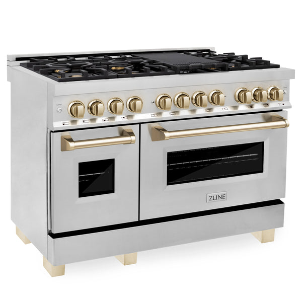 ZLINE 48" Appliance Package - Autograph Edition - Stainless Steel Dual Fuel Range, Range Hood, Dishwasher and Refrigeration with Polished Gold Accents (4AKPR-RARHDWM48-G)