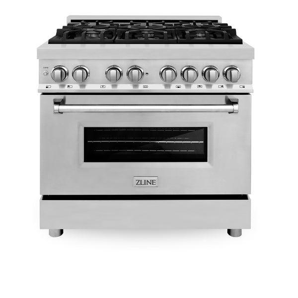 ZLINE 2 Piece Kitchen Appliance Package - 36" Stainless Steel Dual Fuel Range and Convertible Vent Range Hood (2KP-RARH36)