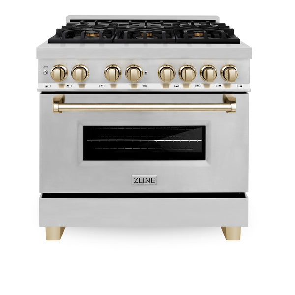 ZLINE 36" Appliance Package - Autograph Edition - Stainless Steel Dual Fuel Range, Range Hood, Dishwasher and Refrigeration with Water & Ice Dispenser, Gold Accents (4AKPR-RARHDWM36-G)