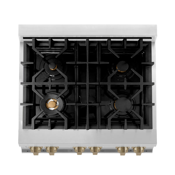 ZLINE 30" Appliance Package - Autograph Edition - Stainless Steel Dual Fuel Range, Range Hood, Dishwasher and Refrigeration Including External Water Dispenser with Champagne Bronze Accents (4AKPR-RARHDWM30-CB)