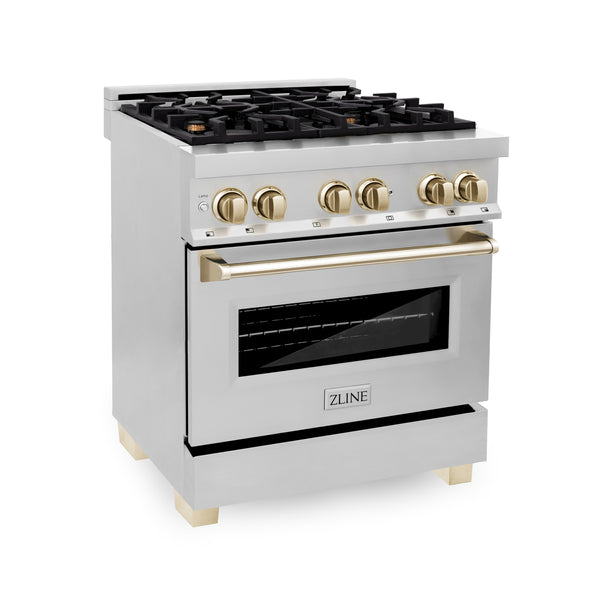 ZLINE 30" Appliance Package - Autograph Edition - Stainless Steel Dual Fuel Range, Range Hood, Dishwasher and Refrigeration Including External Water Dispenser with Gold Accents (4AKPR-RARHDWM30-G)