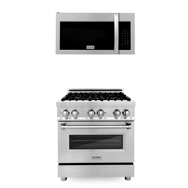 ZLINE 2 Piece Kitchen Appliance Package - 30 in. Kitchen Package with Stainless Steel Dual Fuel Range and Over The Range Microwave with Modern Handle (2KP-RAOTR30)