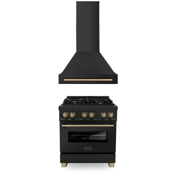 ZLINE Appliances - 2 Piece Kitchen Package - 30" Autograph Edition Black Stainless Steel Dual Fuel Range and Range Hood with Champagne Bronze Accents (2AKP-RABRH30-CB)