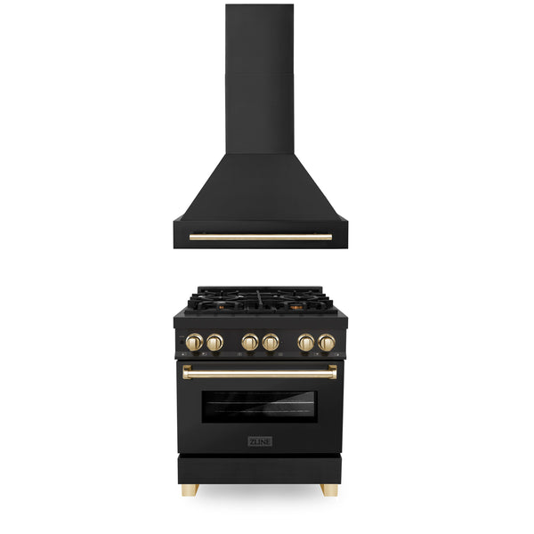ZLINE Appliances - 2 Piece Kitchen Package - 30" Autograph Edition Black Stainless Steel Dual Fuel Range and Range Hood with Gold Accents (2AKP-RABRH30-G)